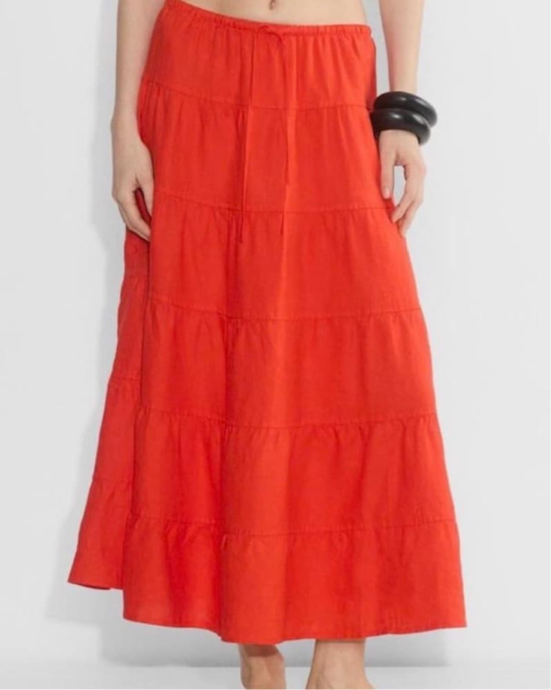 Red Tiered Maxi Linen Skirt - Image 2