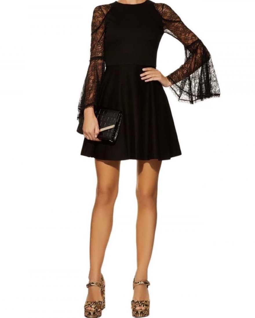 Black Lace Sleeve Fit And Flare Dress - Image 1