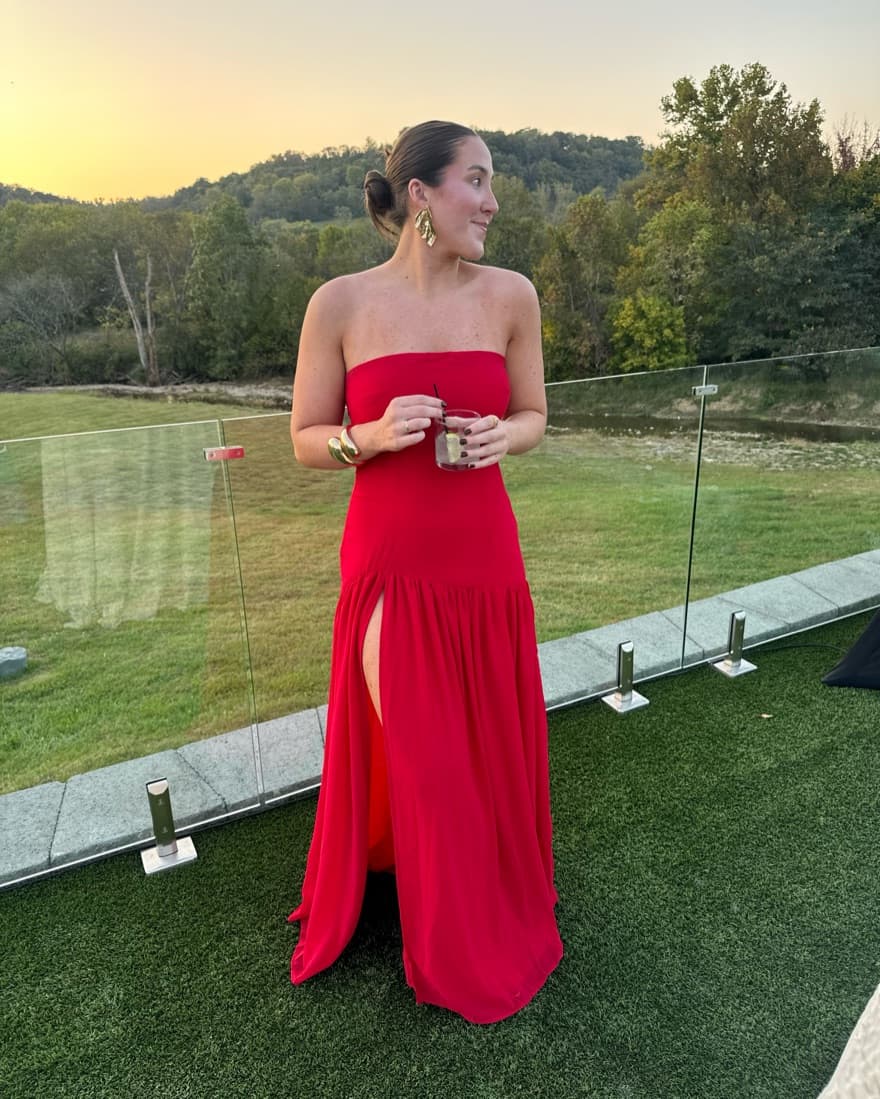 Red Strapless Wedding Guest Dress - Image 3