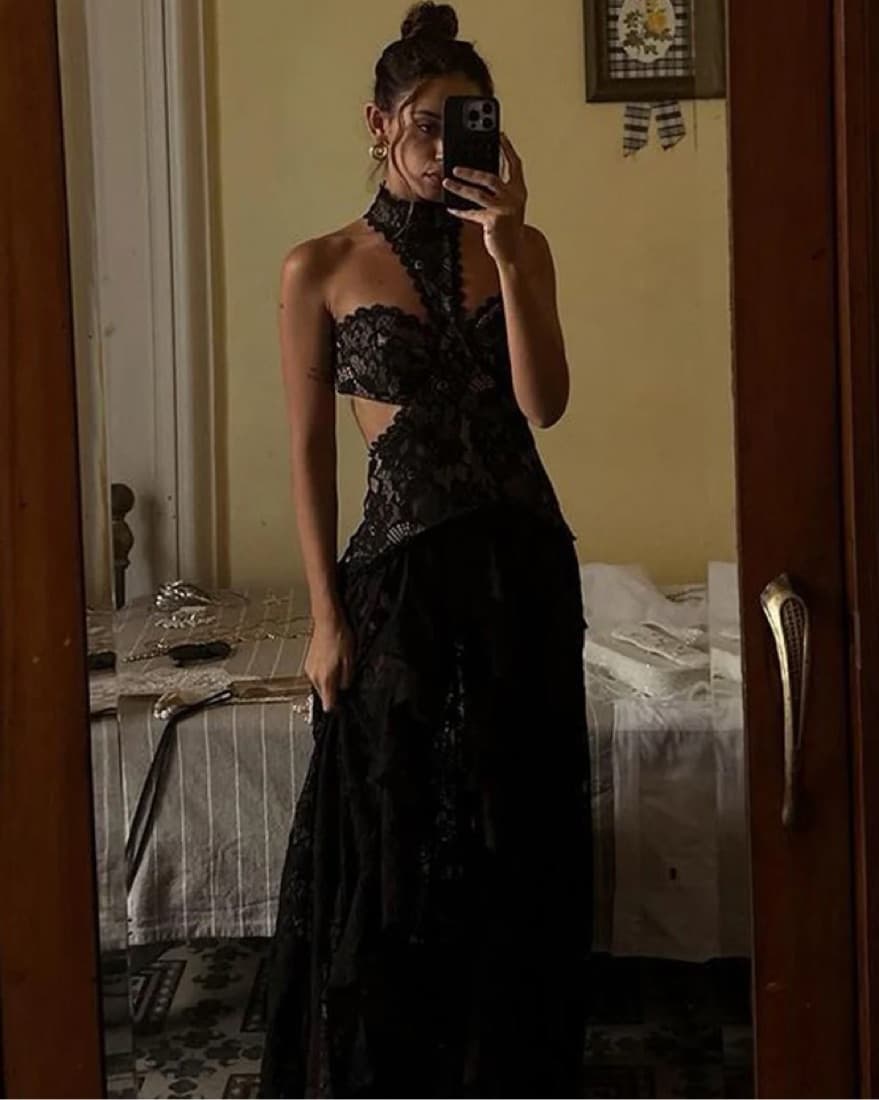 Princesa Black Lace Drop Waist Maxi Dres - Image 4