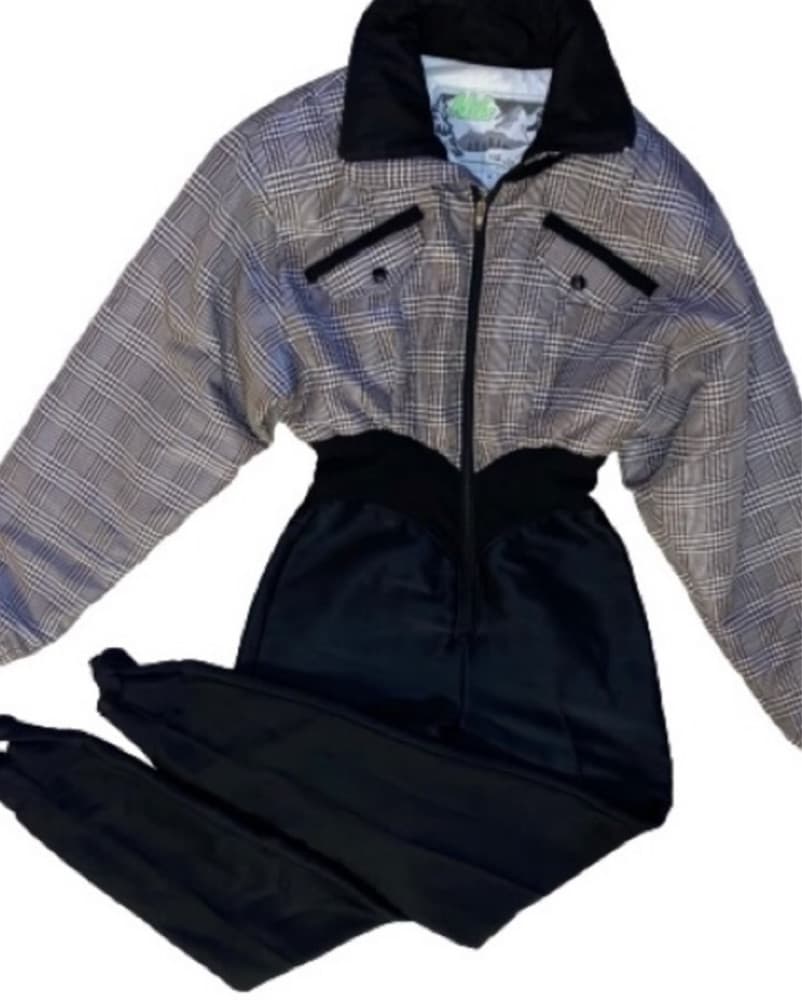Chic Plaid Ski Suit/ Sleek Black Pants - Image 1