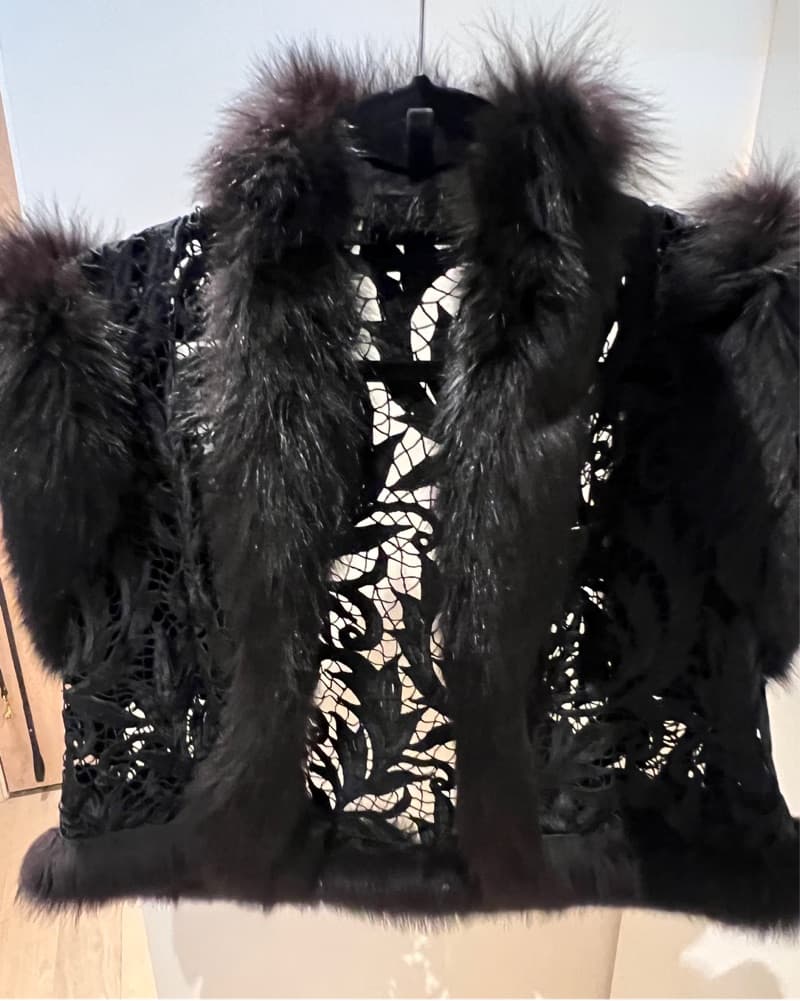 Black Fur Trim Lace Jacket - Image 1