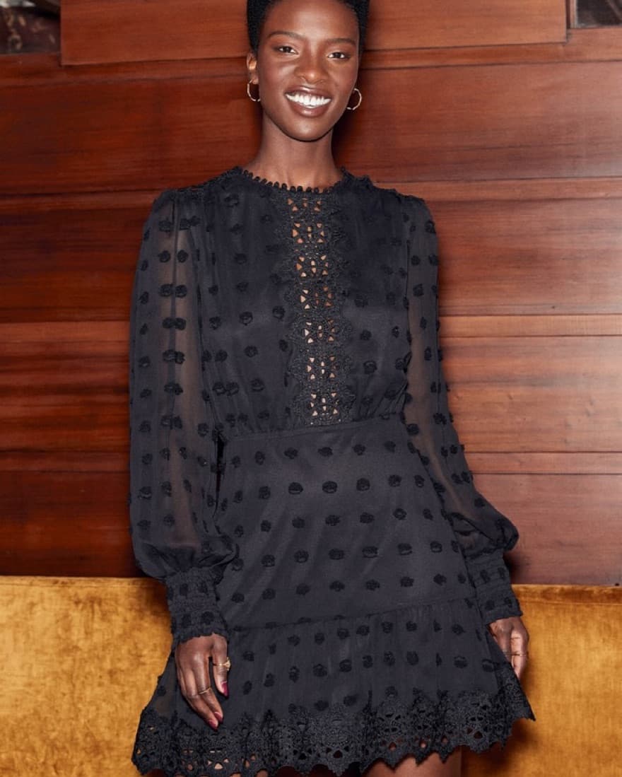 Black Embroidered Lace Long Sleeve Dress - Image 4