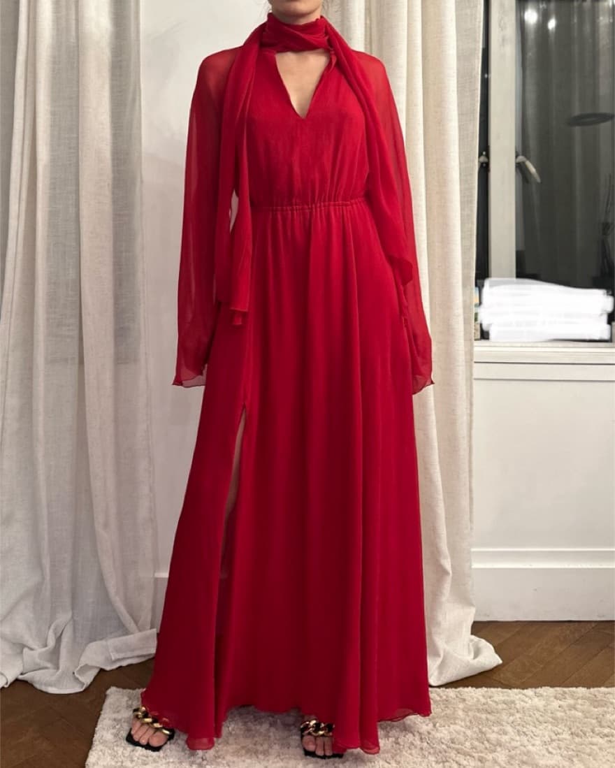 Flawing Red Silk Chiffon Maxi Dress - Image 3