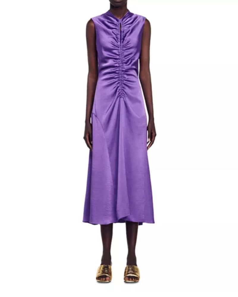 Sleek SANDRO Satin Ruched Midi Dress - Image 1