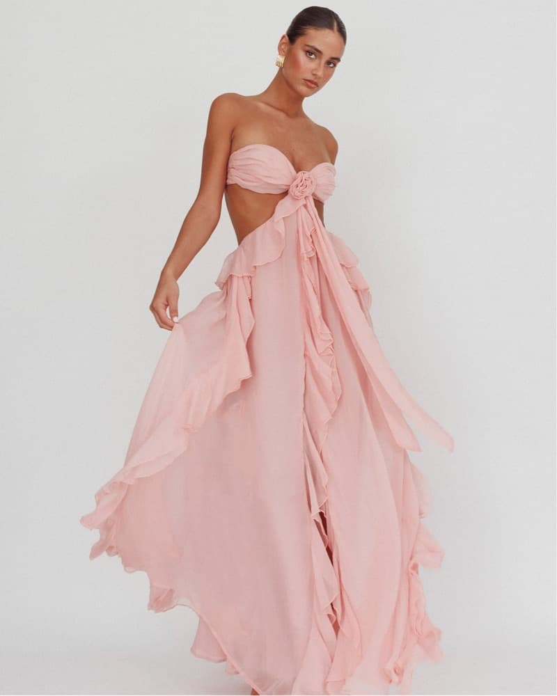 Elegant Ruffle Chiffon Maxi Blush Dress - Image 1