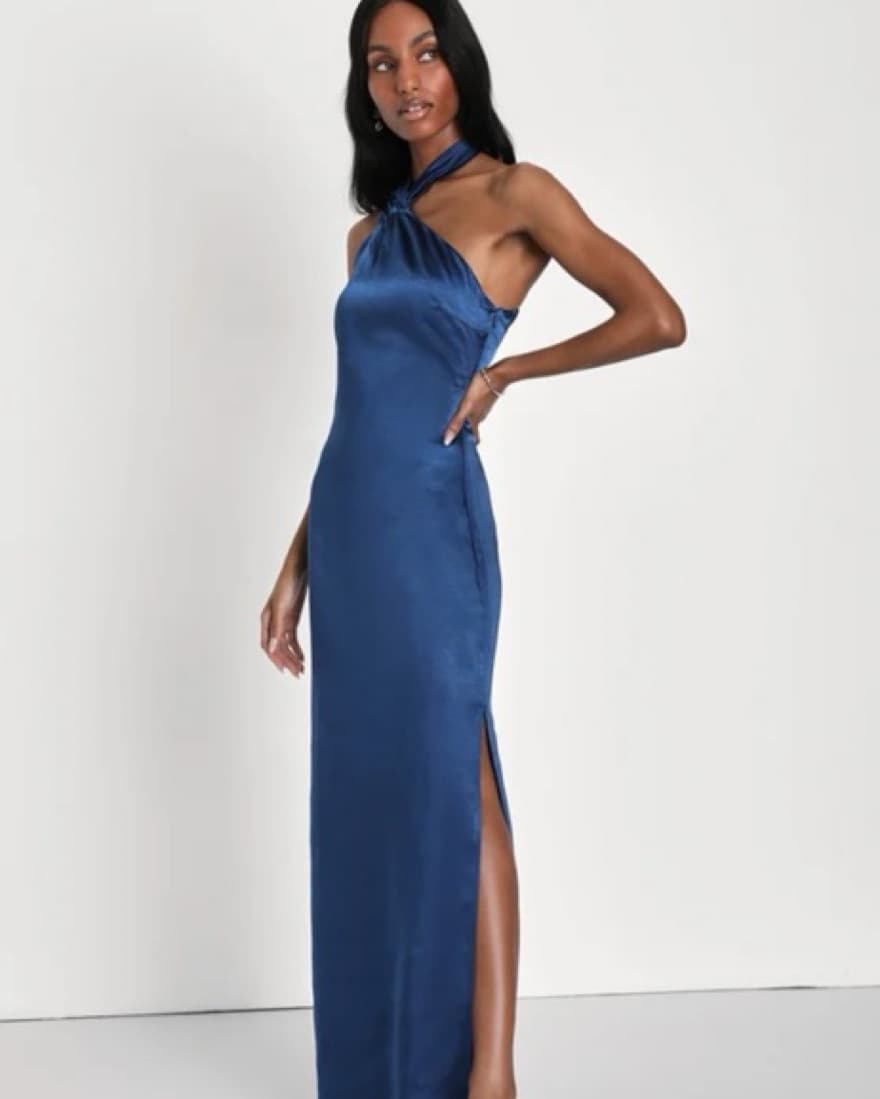 Beyond Stunning Navy Blue Satin Asymmetr - Image 2