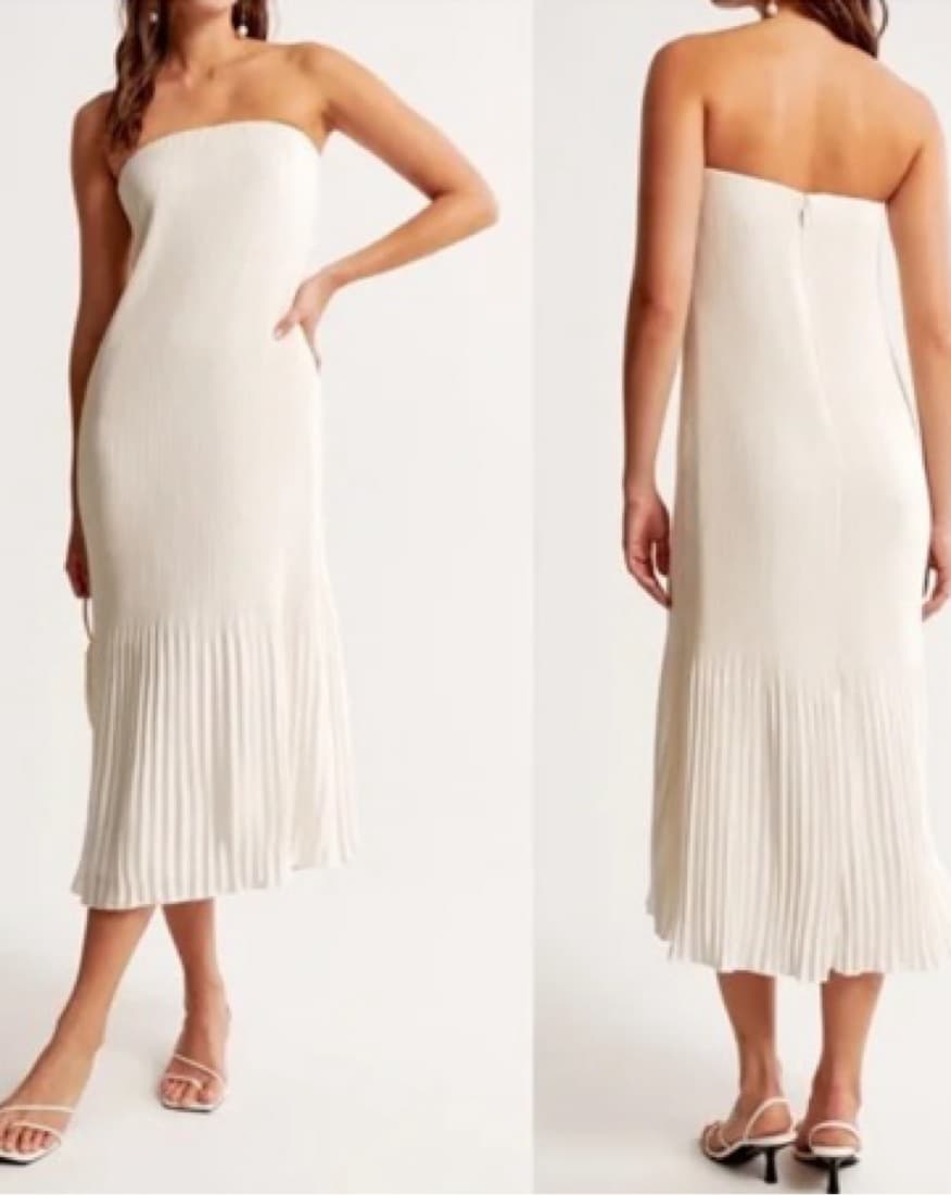 White Strapless Pleated Midi Dress - Image 2