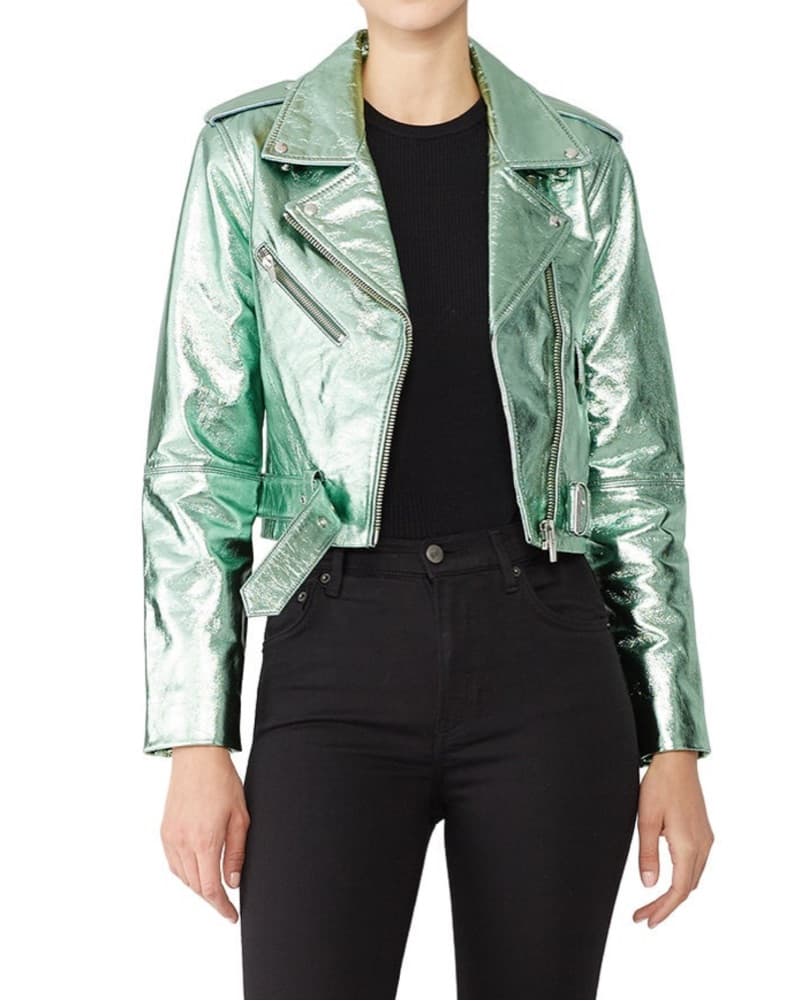 Metallic Green Leather Moto Jacket - Image 1
