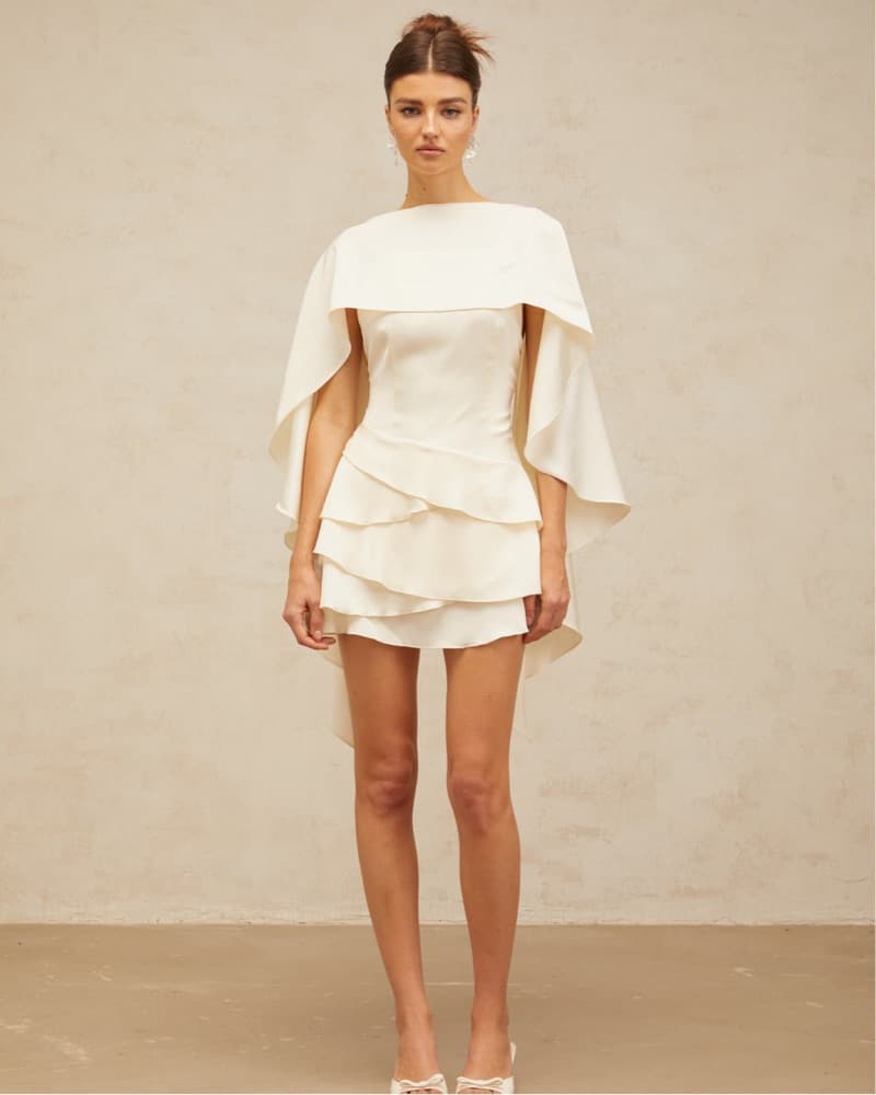 Lyna White Satin Dress with Shawl Detail - Image 1