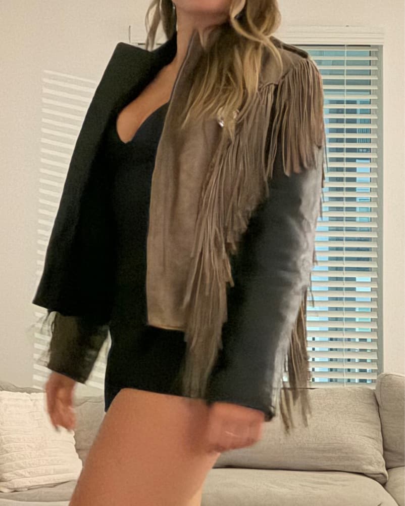 Black / Brown Fringe Leather Jacket  - Image 3