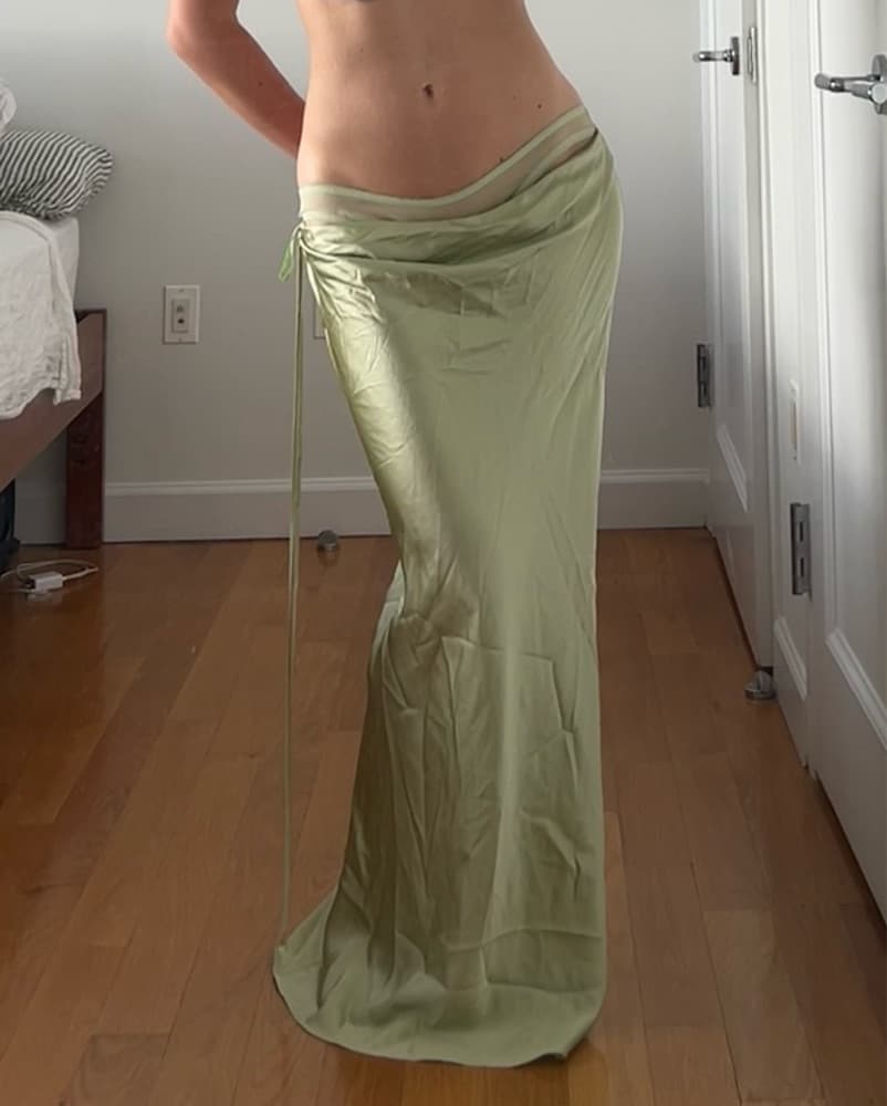 Christopher Esber Silk Green Maxi Low Rise Long Flowy Satin Skirt - Image 1