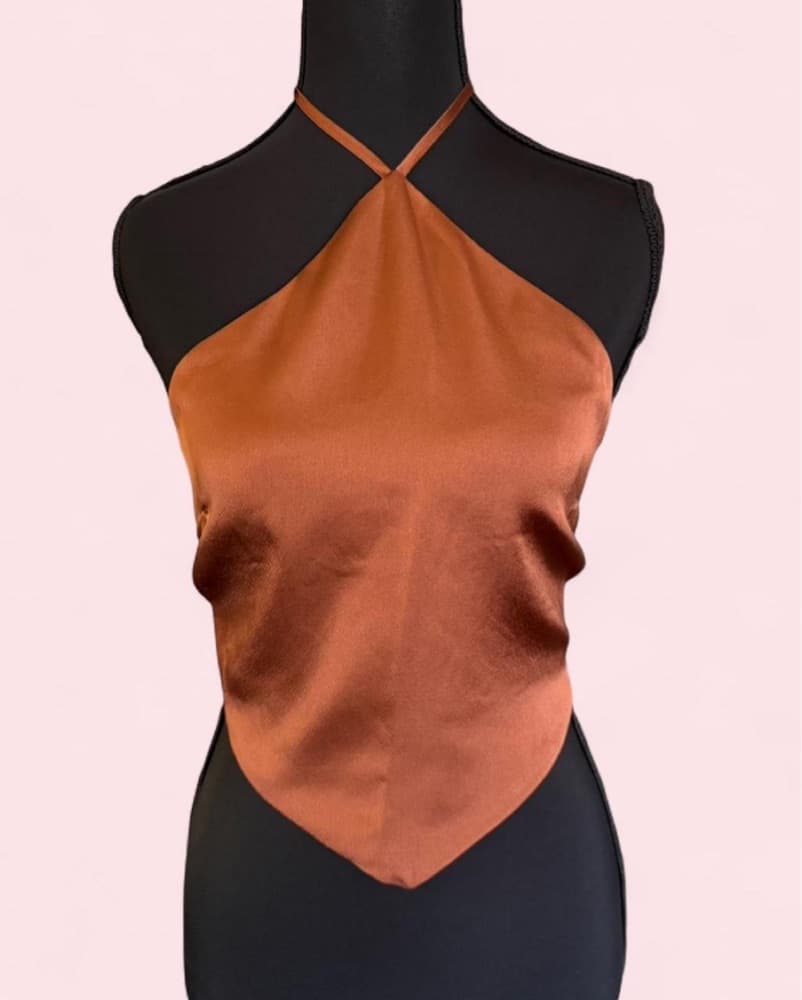 Brown Satin Halter Tie Top - Image 2