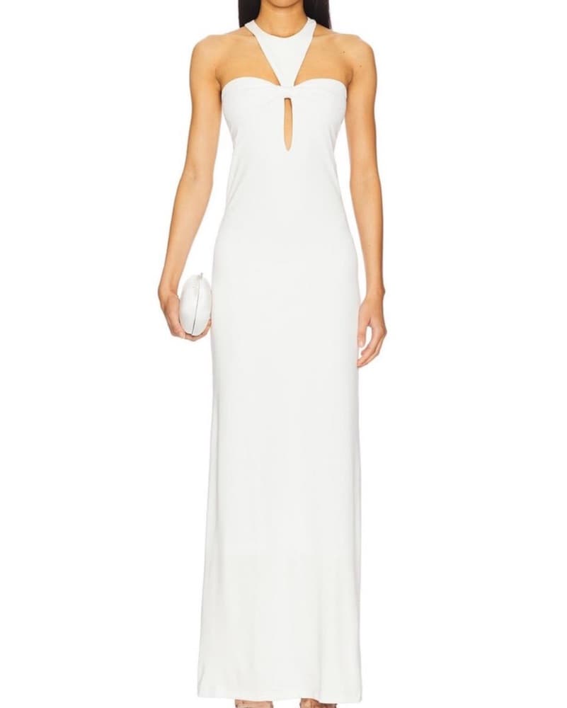 $820 Adriana Degreas White Open Back Gown + chiffon cape - Image 2