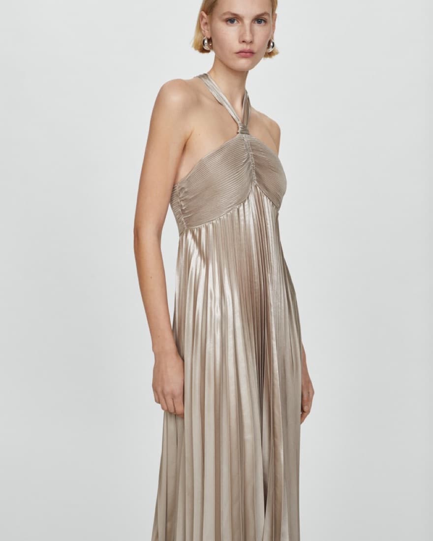 Pleated Metallic Halter Dress - Image 1