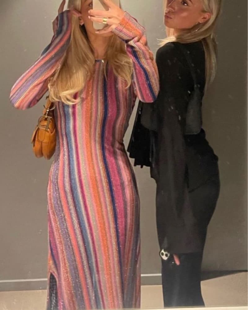 Something Navy Striped Maxi Lurex Dress - Image 1