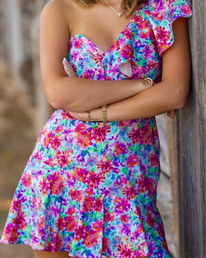 Vibrant Floral One-Shoulder Mini Dress - Image 3