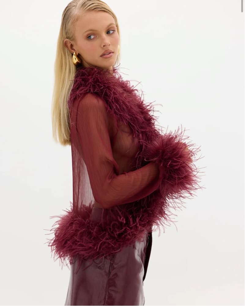 Gigi Sheer Feather Blouse Cherry - M - Image 5