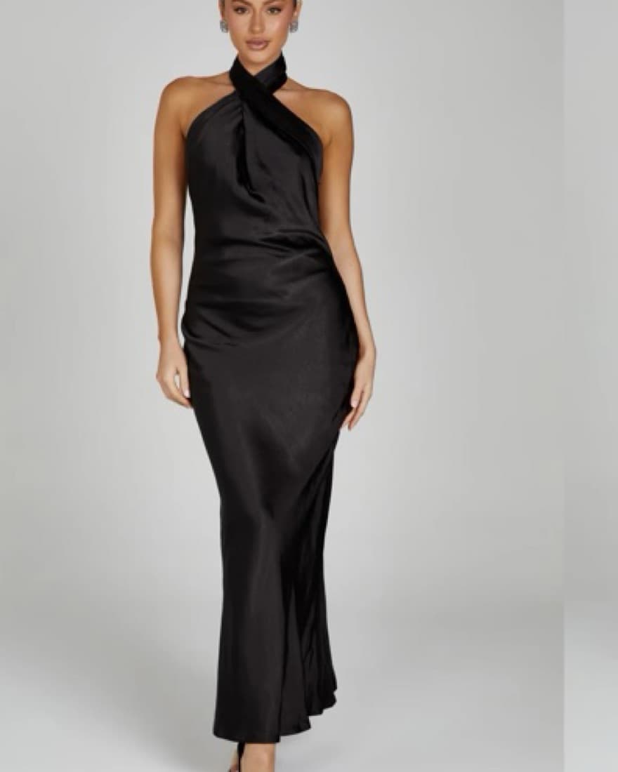 Meshki Black Satin Halter Formal Dress - Image 1