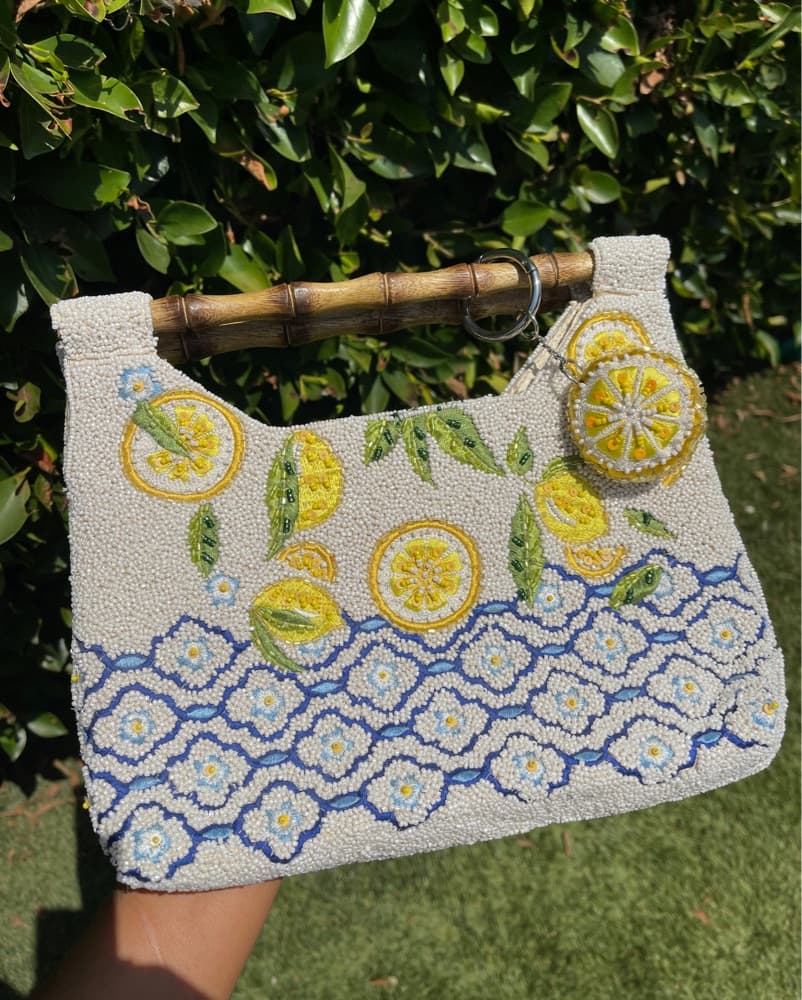Vibrant Lemon Embroidered Beaded Handbag - Image 5
