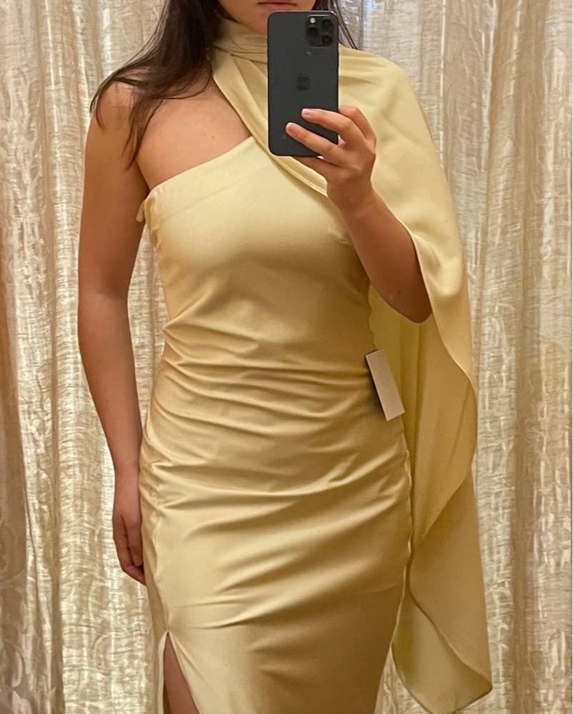 Lemon Satin Maxi Dress With A Scarf - Image 5