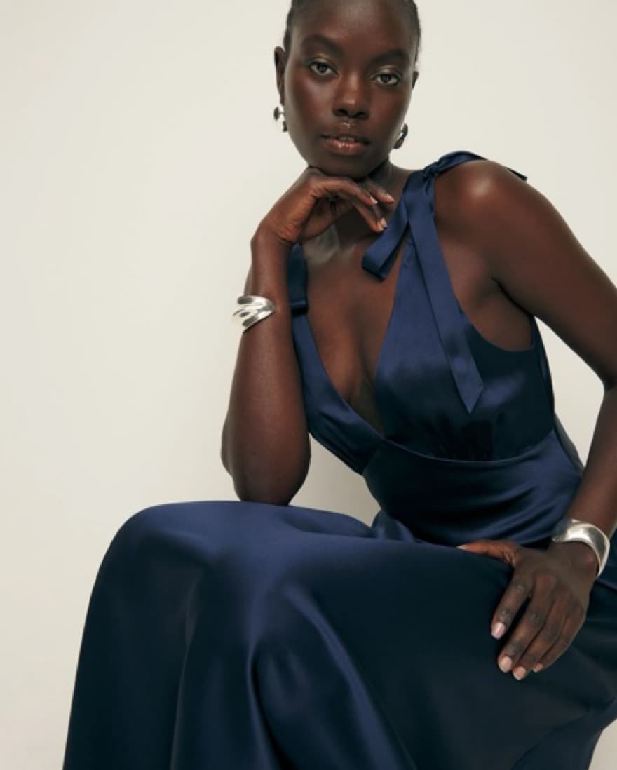 Reformation Pernille Navy Silk Gown - Image 3