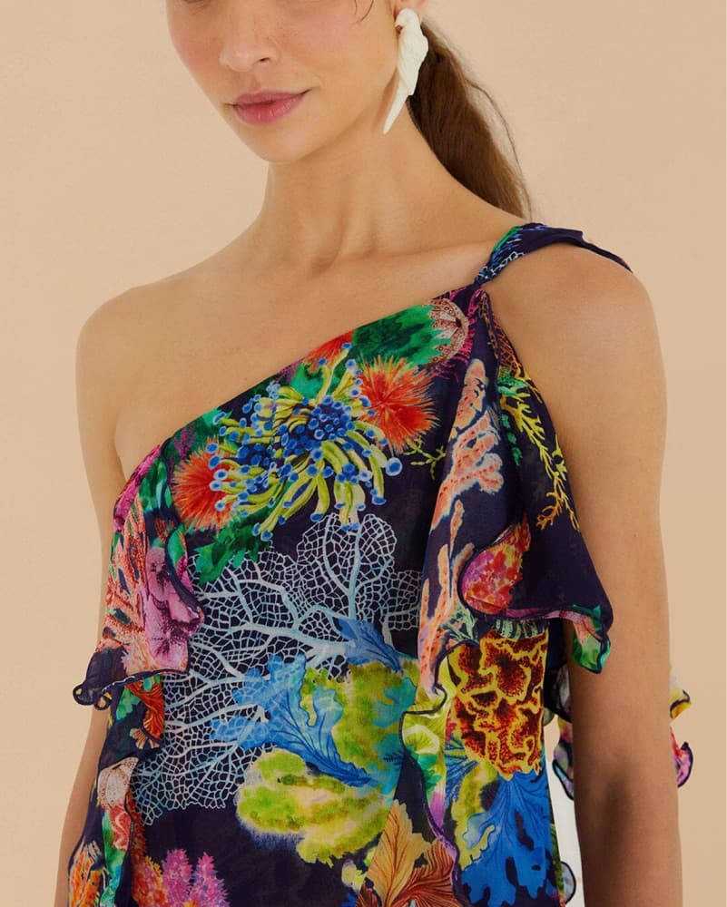 Farm Rio Coral Garden One-Shoulder Dress - Image 3