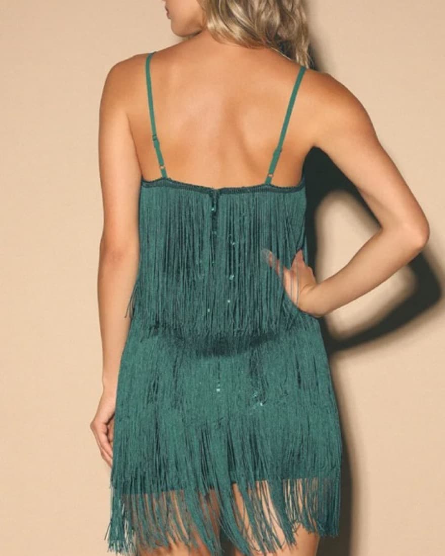 Emerald Green Fringe Sequin Dress - Image 3