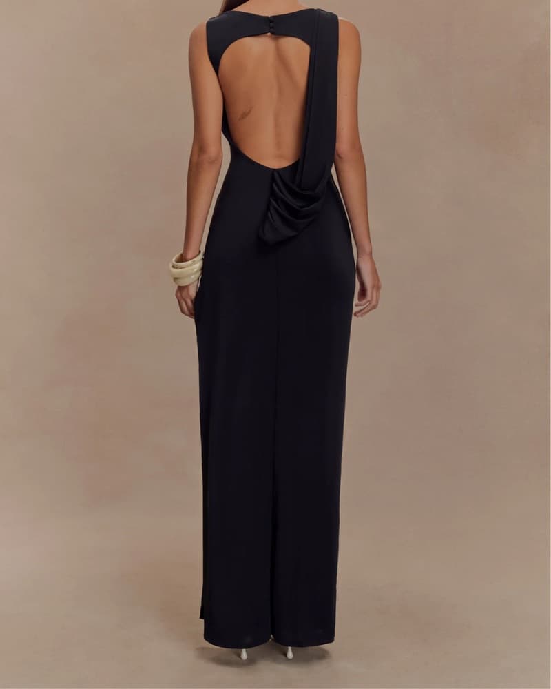 Henley Slinky Drape Maxi Dress - Black - Image 2