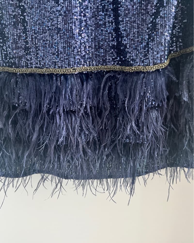 Navy Sequin dress with Feather Trim - Image 3