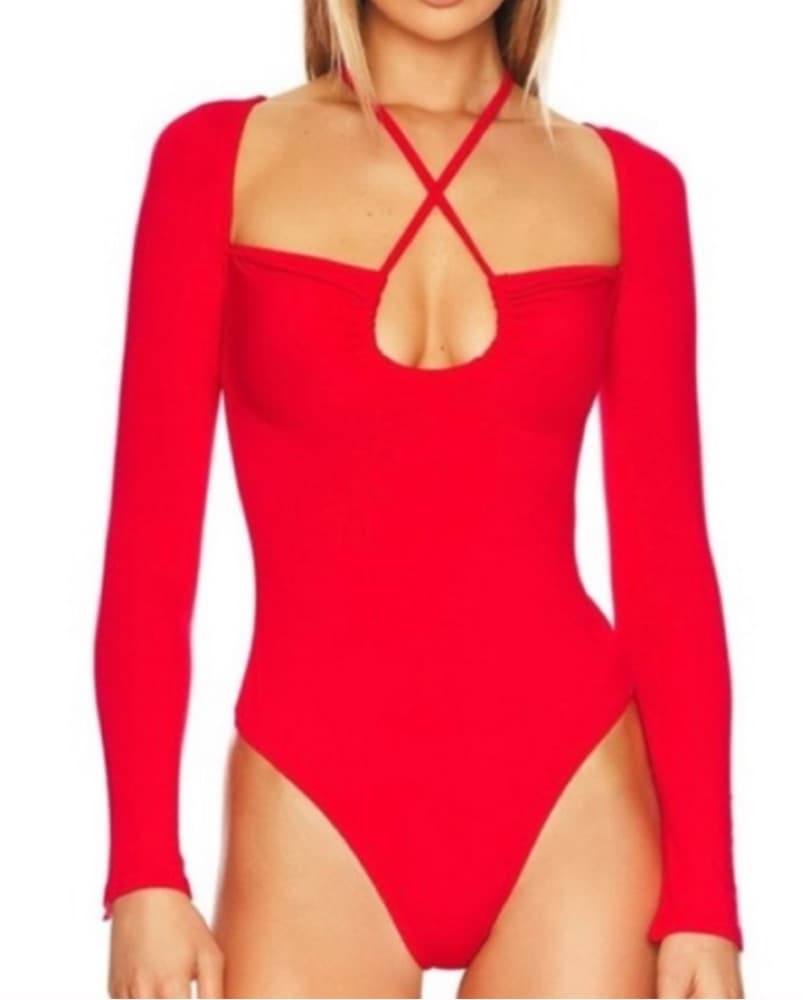 Vibrant Red Bodysuit with Plunging Neckline - Image 1