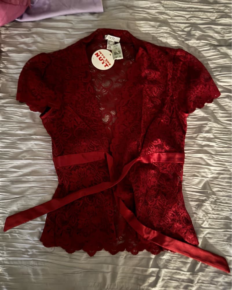 Burgundy Lace Close Tie Blouse - Image 1