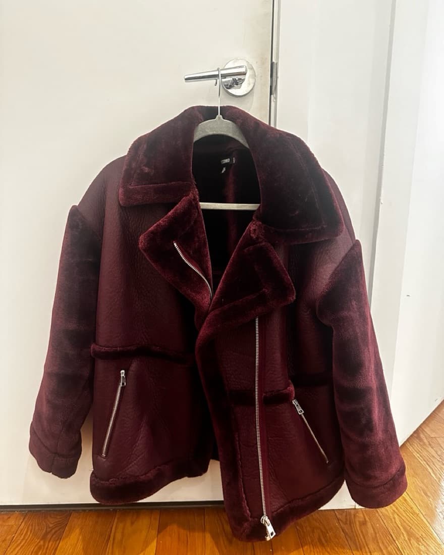 Maroon Faux Fur/Leather Aviator Jacket - Image 3