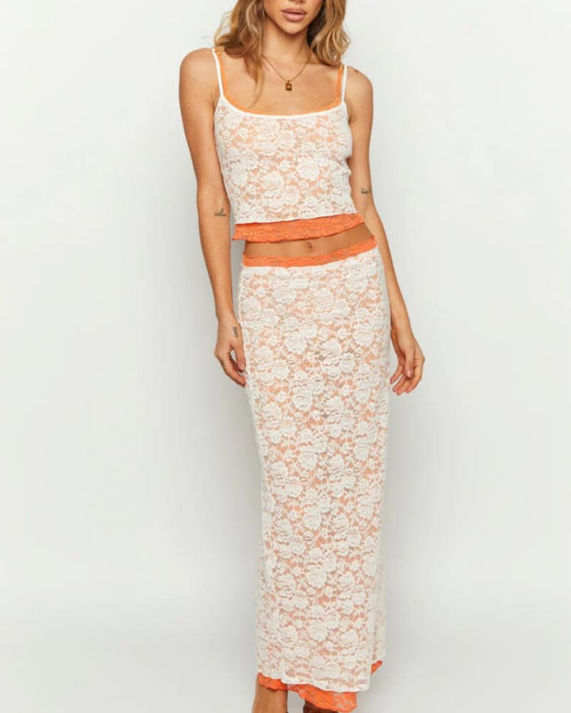 Orange Contrast Lace Skirt Set - Image 1
