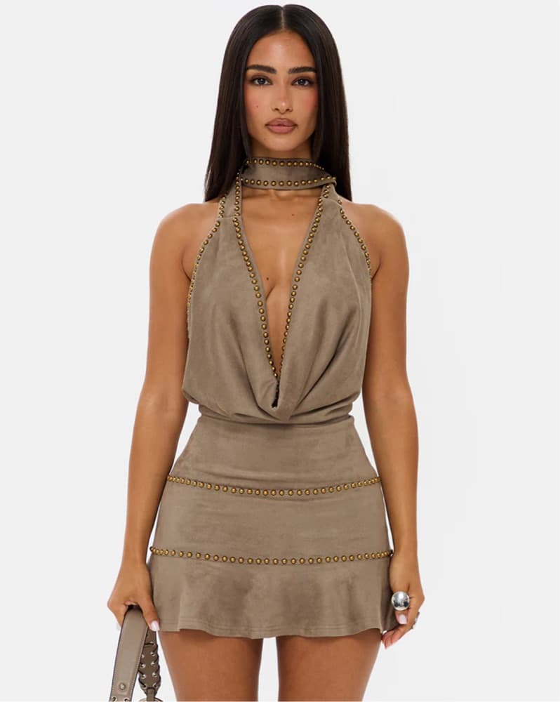 Suede Studded Mini Dress - Image 2