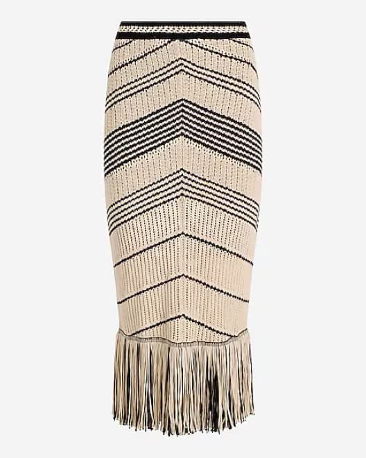 Express Knit Fringe Skirt- Beige & Black - Image 3