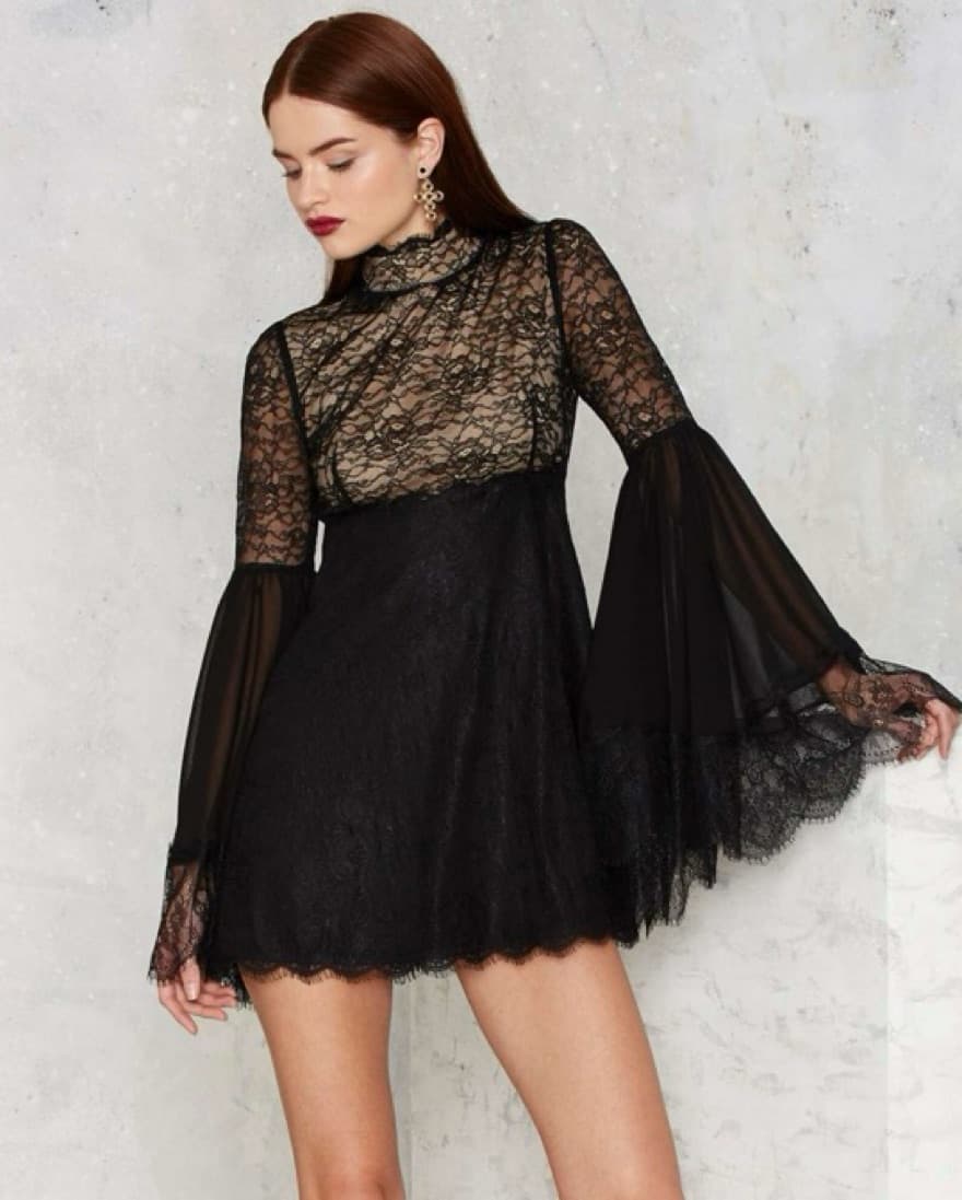 Black High-Neck Open Back Lace Dress - Image 1