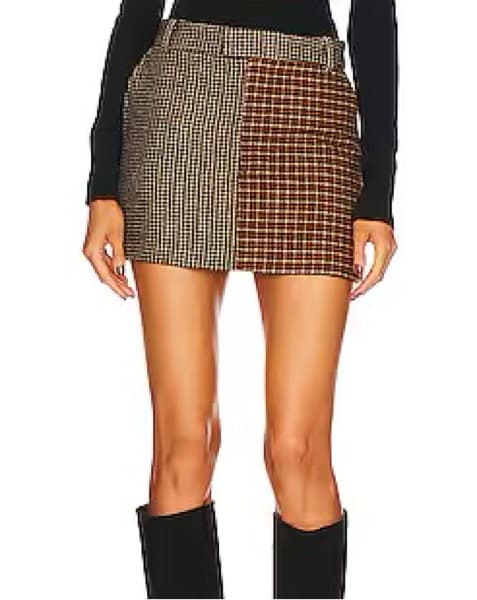 Brown Mixed Plaid Tweed Mini Skirt - Image 1