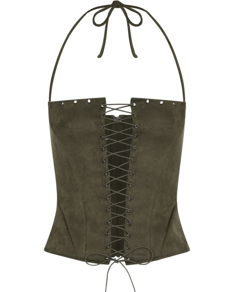 Suede Green Lace Up Bustier Top - Image 2