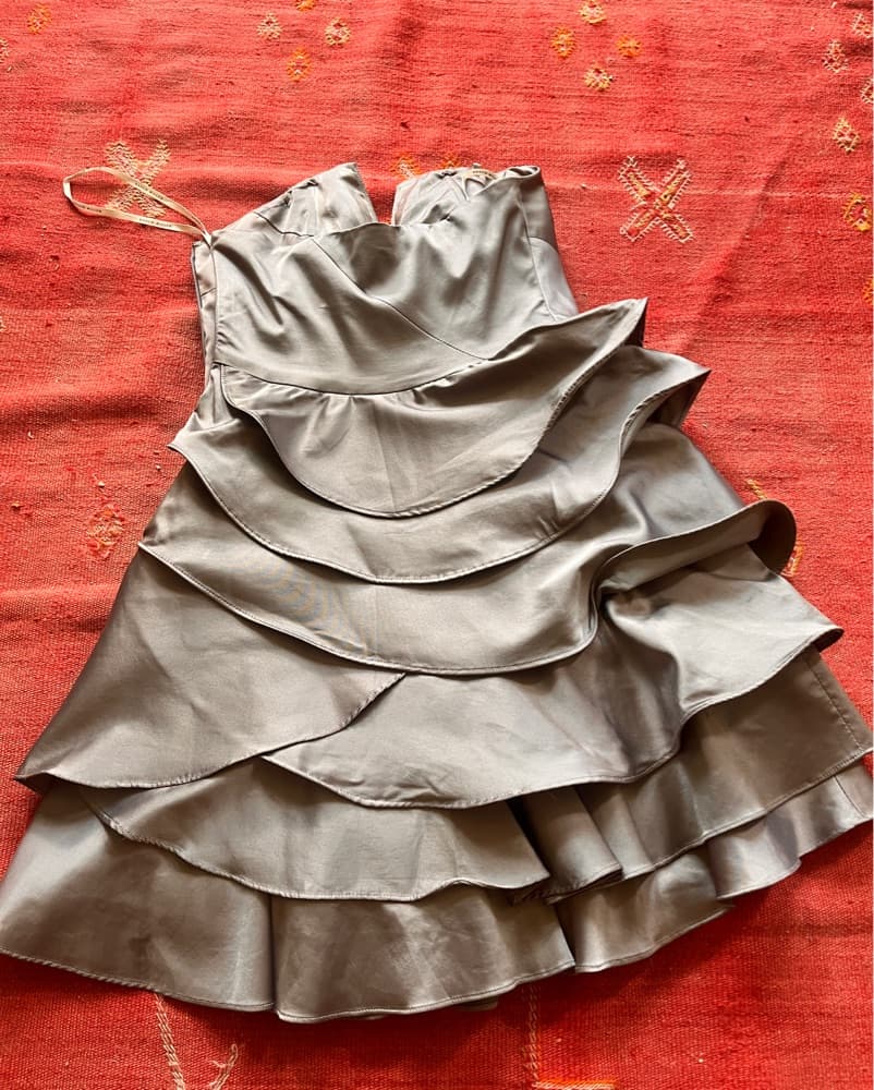 Elegant Gray Silk Ruffled Mini Dress - Image 5