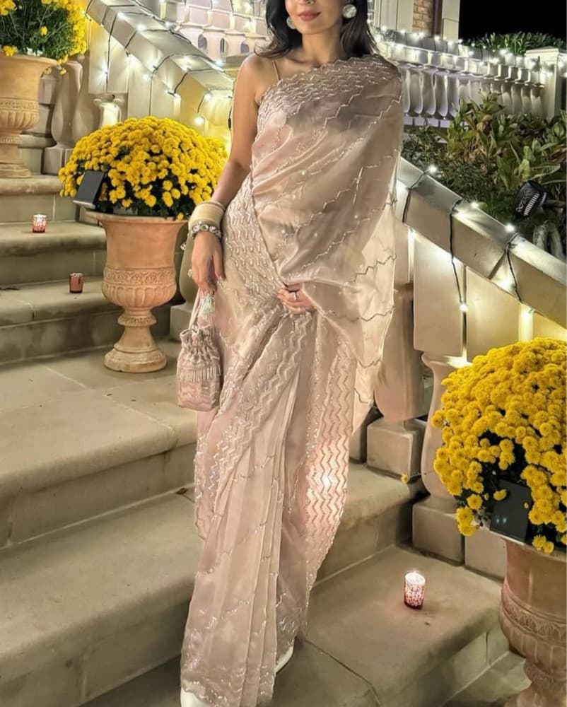 Pre Draped sari/Pink/ Nude Organza Saree  | indian wedding - Image 1