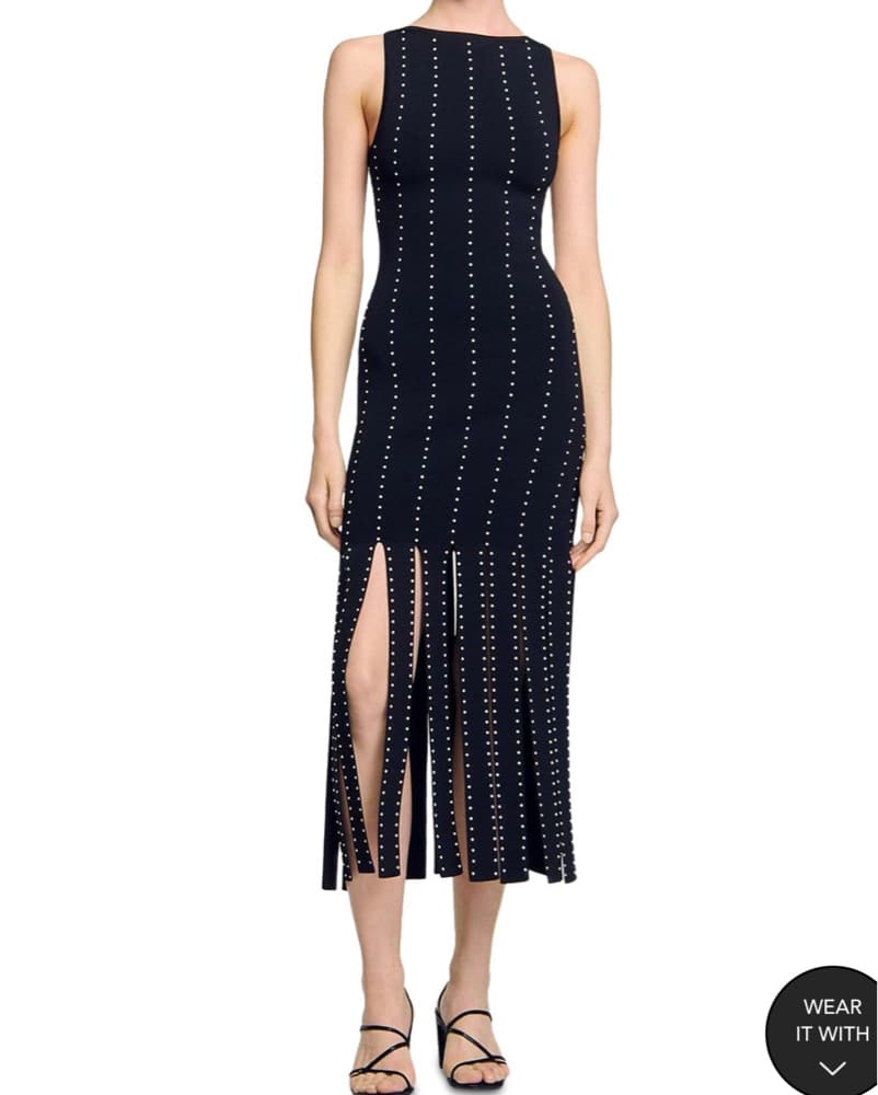 Black Pearl-Embellished Knit Fringe Maxi - Image 1
