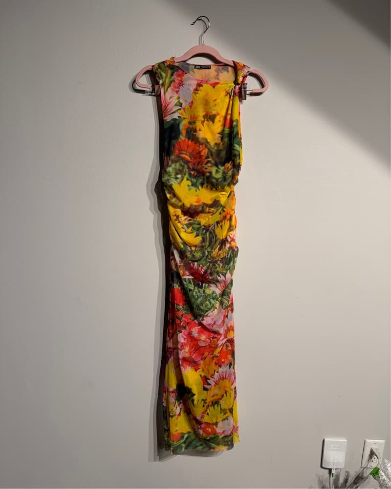 Tropical Print Floral Mesh Midi Dress - Image 4