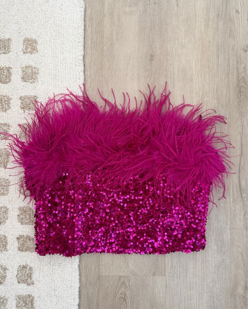 Line & Dot Sequin Feather Strapless Top - Image 6