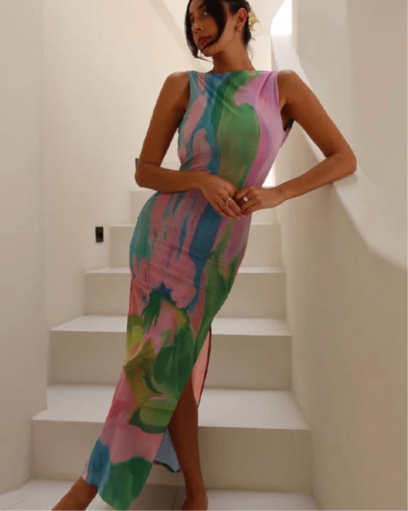 Printed Colorful Maxi Open Back Dress - Image 2