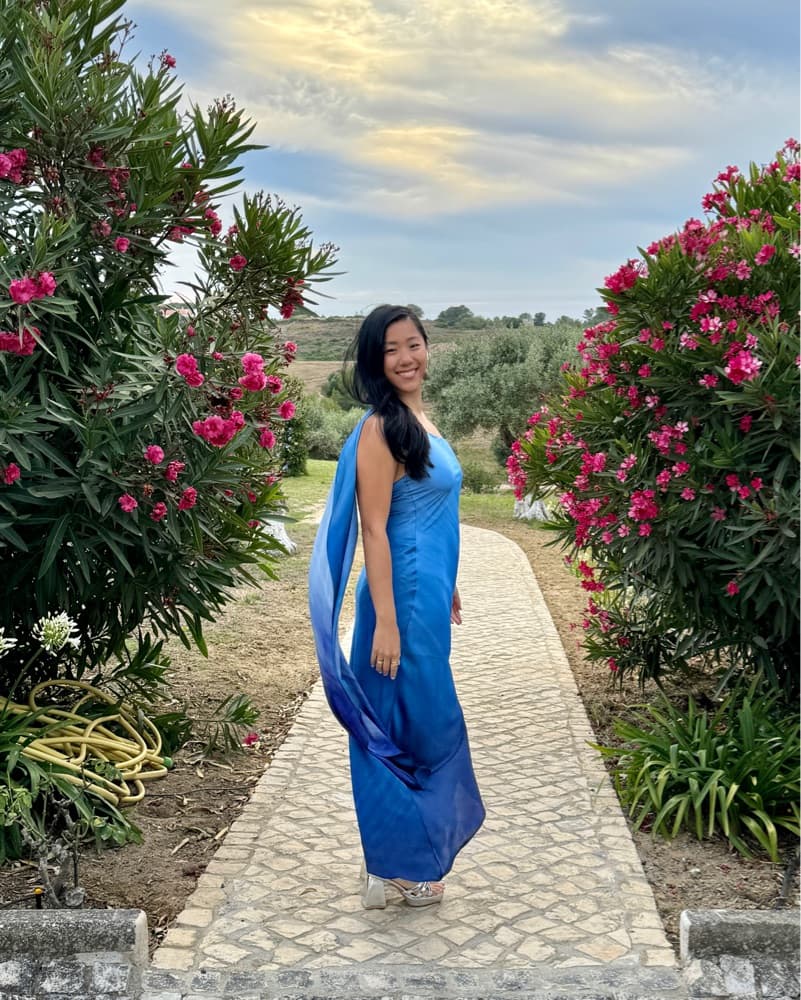 Mango gradient blue flowy back sash gown - Image 2