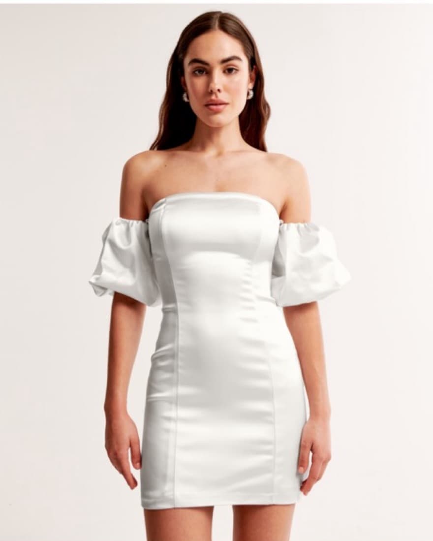 White Off-Shoulder Satin Dress - Image 1