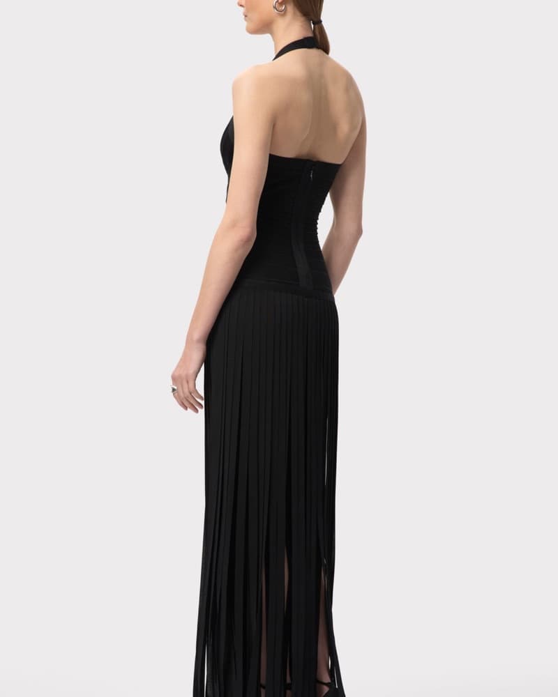 Stunning Black Halter Gown with Dramatic Fringe - Image 3