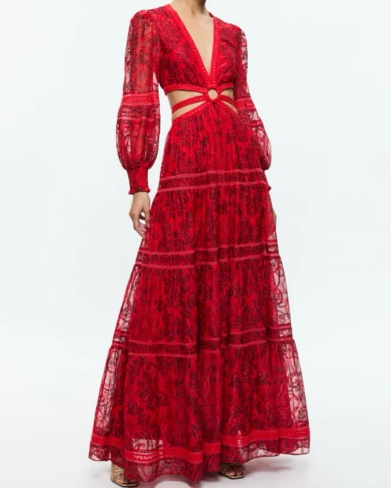 Red Tiered Cut-Out Gown - Image 1