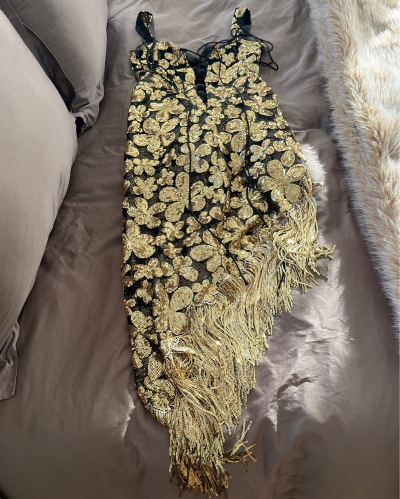 Gold Fringe Asymmetrical Dress - Image 6